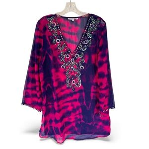 Blue Island Beaded Sequin Tie Dye Beach Cover Up Tunic Kaftan Fuchsia Purple M
